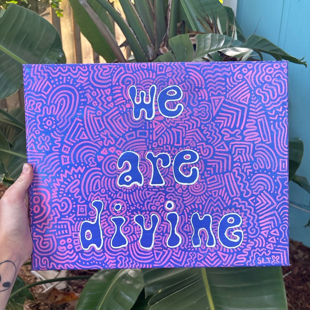 We Are Divine Spiritual Psychedelic Trippy Art Canvas Purple and Pink 14x11in